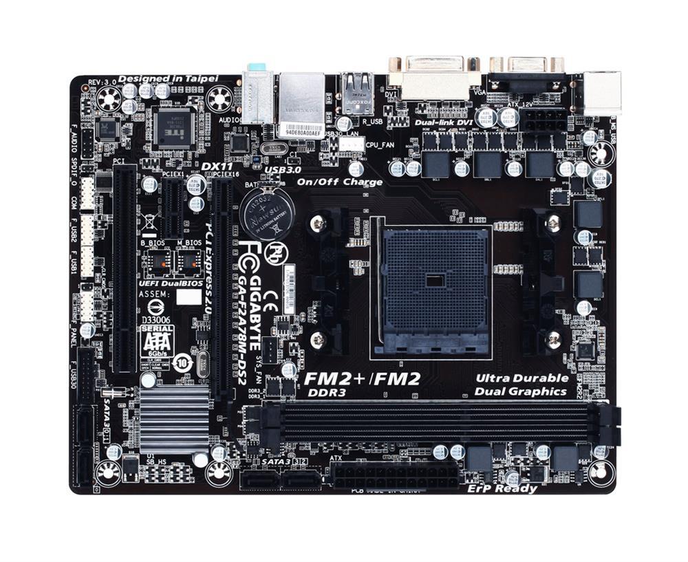 GA-F2A78M-DS2 Gigabyte Socket FM2+ AMD A78 Chipset AMD A-Series/ Athlon Series Processors Support DDR3 2x DIMM 4x SATA 6.0Gb/s Micro-ATX Motherboard (Refurbished)