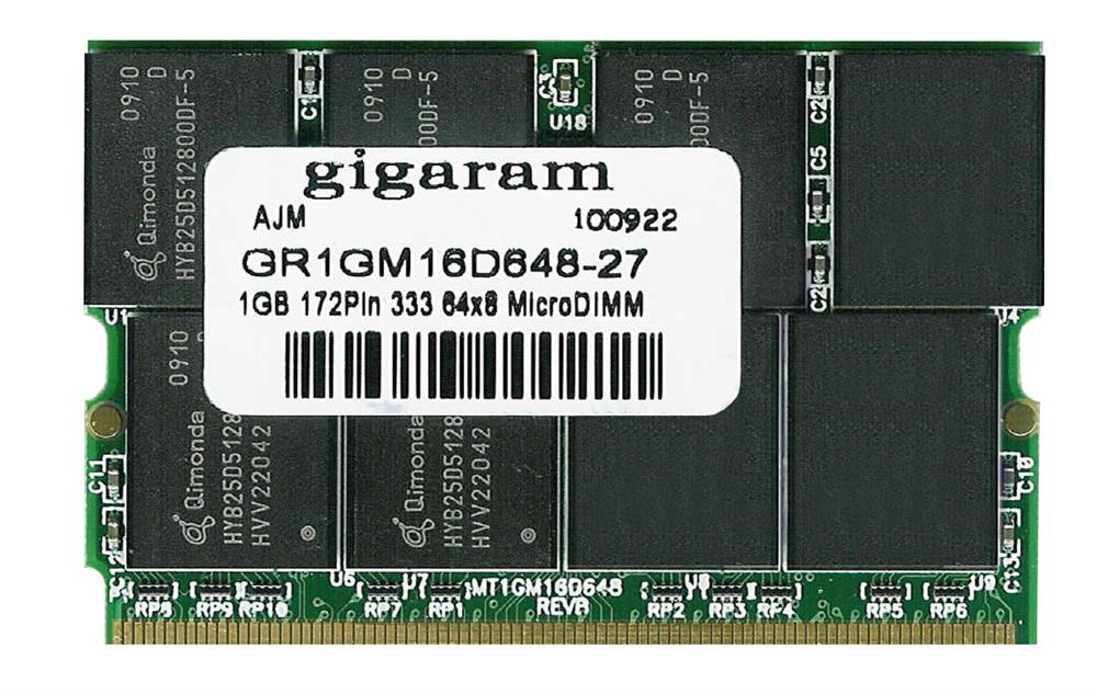 GR1GM16D648-27 Gigaram 1GB PC2700 DDR-333MHz non-ECC Unbuffered CL2.5 172-Pin Micro-DIMM Memory Module