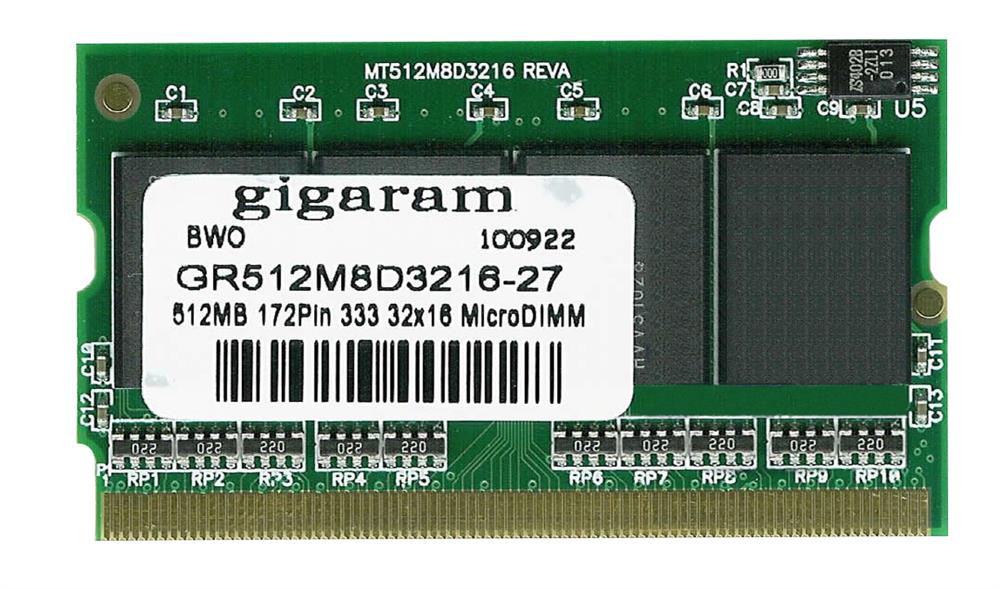 GR512M8D3216-27 Gigaram 512MB PC2100 DDR-266MHz non-ECC Unbuffered CL2.5 172-Pin Micro-DIMM Memory Module