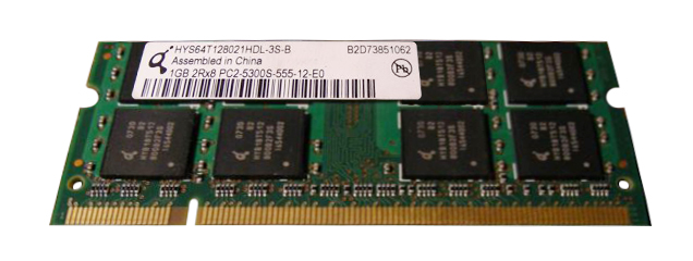 HYS64T128021HDL-3S-B Qimonda 1GB PC2-5300 DDR2 667MHz non-ECC Unbuffered CL5 200-Pin SoDimm Dual Rank Memory Module