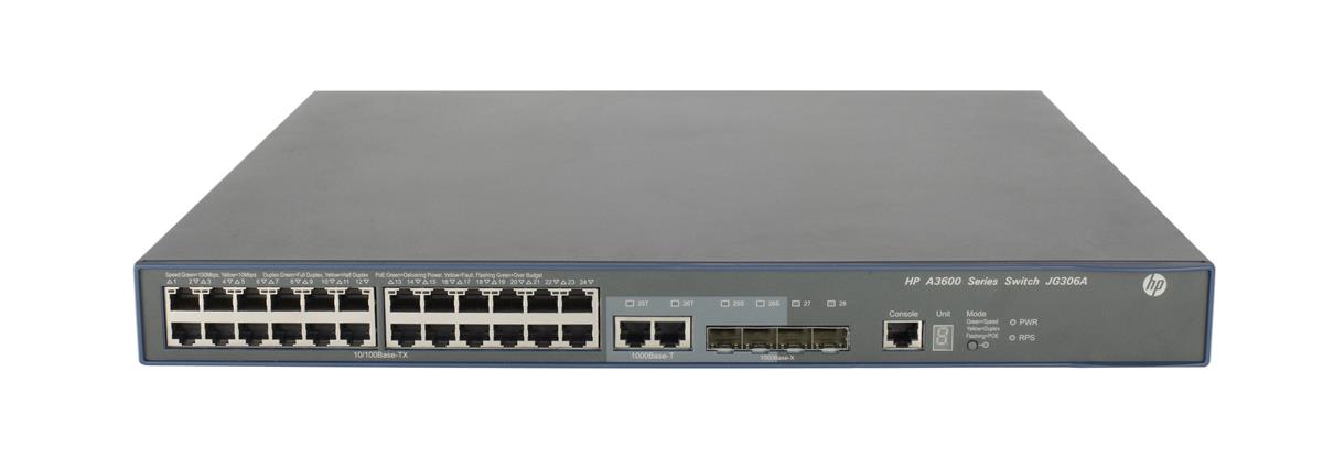 JG306-61001 HP 3600-24-PoE+ V2 SI Switch Layer4 Managed 24 X 10/100 + 4 X Gigabit SFP + 2 X Shared 10/100/1000 Rack Mountable (Refurbished)