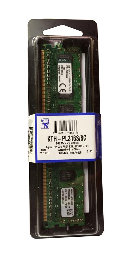 KTH-PL316S/8G Kingston 8GB PC3-12800 DDR3-1600MHz ECC Registered CL11 240-Pin DIMM Single Rank Memory Module for HP/Compaq 647879-B21; 647899-B21; 676333-B21