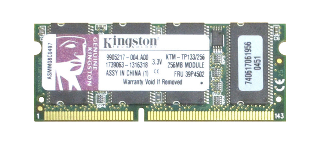 KTM-TP133/256 Kingston 256MB PC133 133MHz non-ECC Unbuffered CL3 144-Pin SoDimm Memory Module for IBM 19K4654, 19K4655