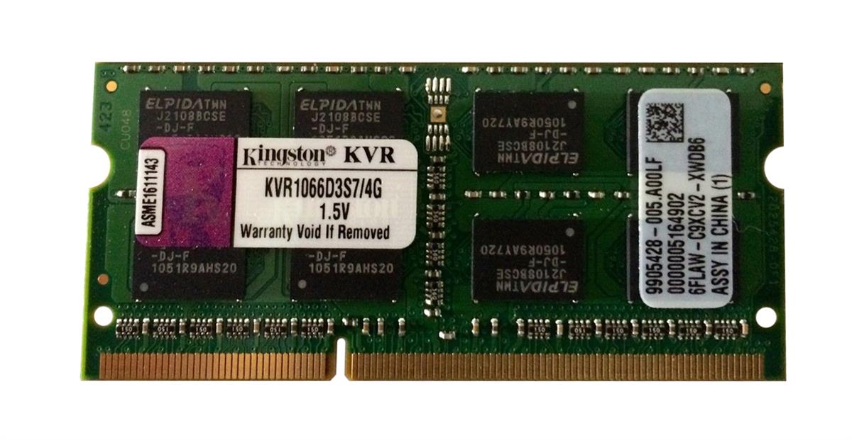 KVR1066D3S7/4G Kingston 4GB PC3-8500 DDR3-1066MHz non-ECC Unbuffered CL7 204-Pin SoDimm Dual Rank Memory Module