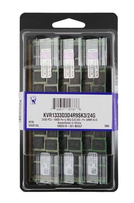KVR1333D3D4R9SK3/24G Kingston 24GB Kit (3 X 8GB) PC3-10600 DDR3-1333MHz ECC Registered CL9 240-Pin DIMM Dual Rank x4 Memory (Kit of 3)