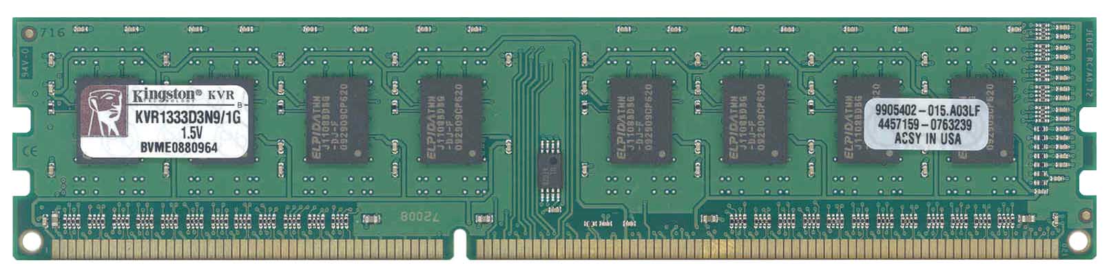 KVR1333D3N9/1G Kingston 1GB PC3-10600 DDR3-1333MHz non-ECC Unbuffered CL9 240-Pin DIMM Single Rank Memory Module