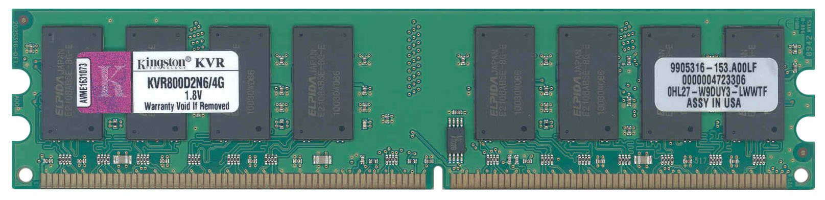 KVR800D2N6/4G Kingston 4GB PC2-6400 DDR2-800MHz non-ECC Unbuffered CL6 240-Pin DIMM Dual Rank Memory Module