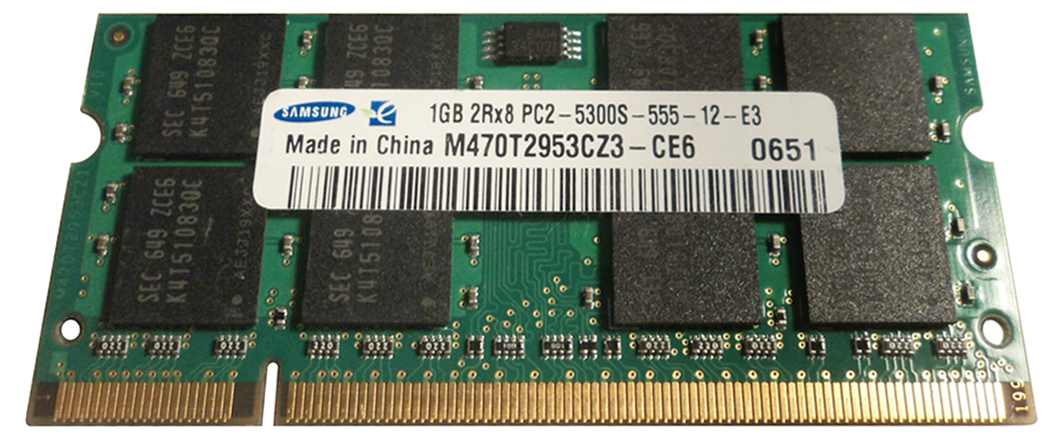M470T2953CZ3-CE6 Samsung 1GB PC2-5300 DDR2-667MHz non-ECC Unbuffered CL5 200-Pin SoDimm Dual Rank Memory Module