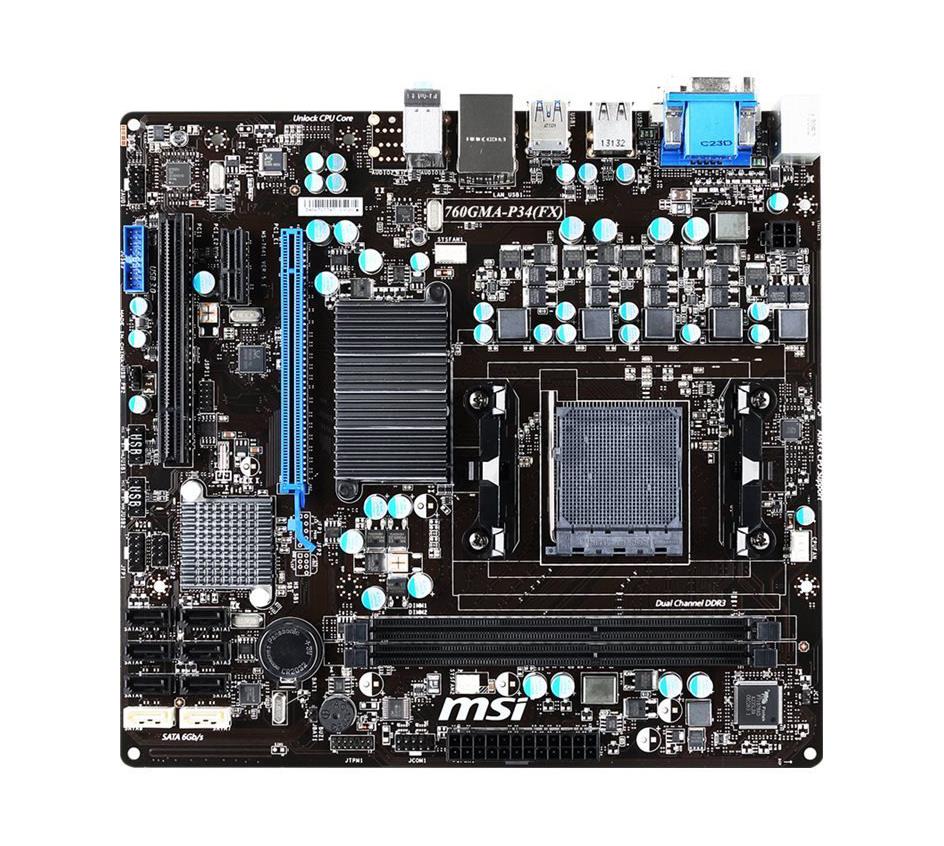 MB760AP34 MSI Socket AM3+ AMD 760G + SB710 Chipset AMD Phenom II X6/ Phenom II X4/ Phenom II X3/ Phenom II X2/ AMD Athlon II X4/ Athlon II X3/ Athlon II X2/ AMD A-Series/ AMD Sempron Processors Support DDR3 2x DIMM 2x SATA 3.0Gb/s Micro-ATX Motherboard (Refurbished)