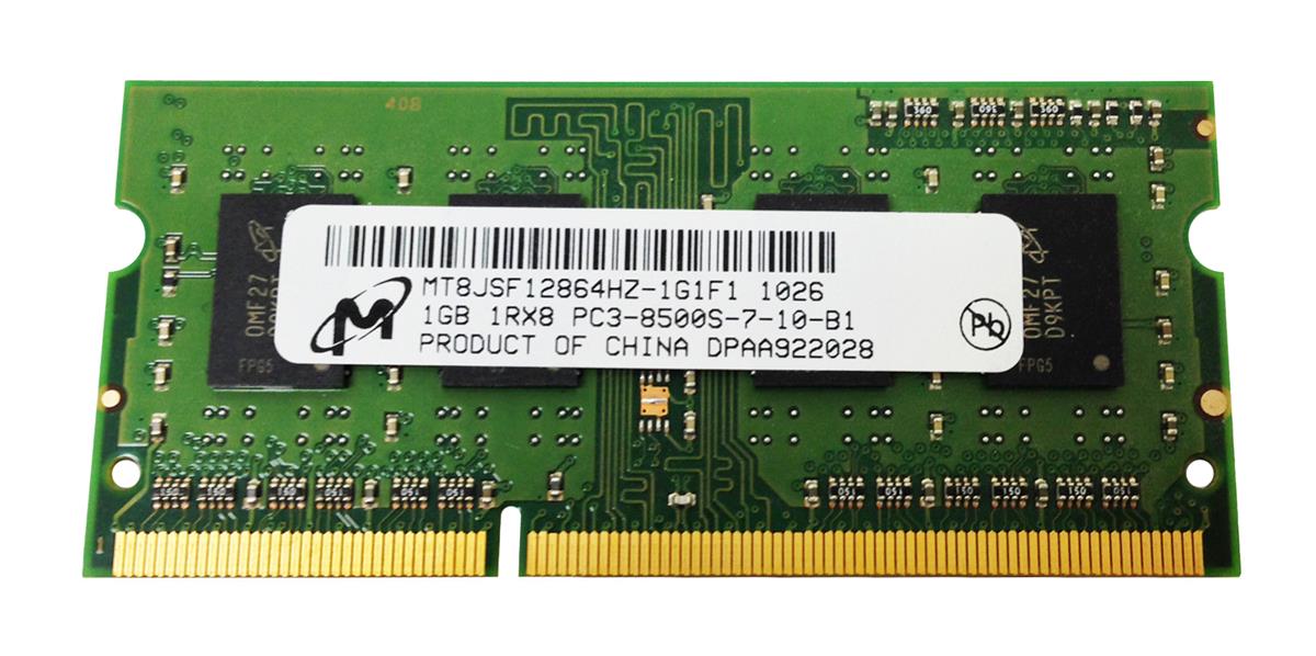 MT8JSF12864HZ-1G1F1 Micron 1GB PC3-8500 DDR3-1066MHz non-ECC Unbuffered CL7 204-Pin SoDimm Single Rank Memory Module