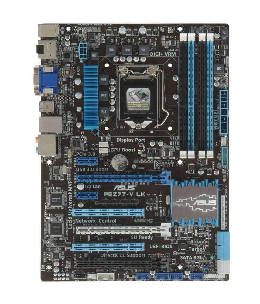 P8Z77VLK1 ASUS P8Z77-V LK Socket LGA 1155 Intel Z77 Chipset 2nd/ 3rd Generation Core i7 / i5 / i3 / Pentium / Celeron Processors Support DDR3 4x DIMM 2x SATA 6.0Gb/s ATX Motherboard (Refurbished)