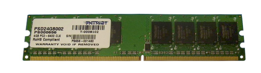 PSD24G8002 Patriot Signature Line 4GB PC2-6400 DDR2-800MHz non-ECC Unbuffered CL6 240-Pin DIMM Dual Rank Memory