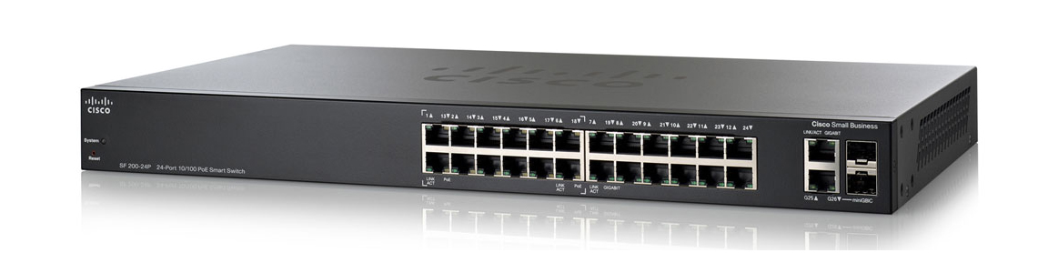 SLM224PT-NA Cisco SF200-24P 24-Ports 10/100/1000Base-T RJ-45 PoE Manageable Layer2 Desktop Smart Switch with 2x Gigabit Ethernet Uplink Ports and 2x SFP Pslots (Refurbished)