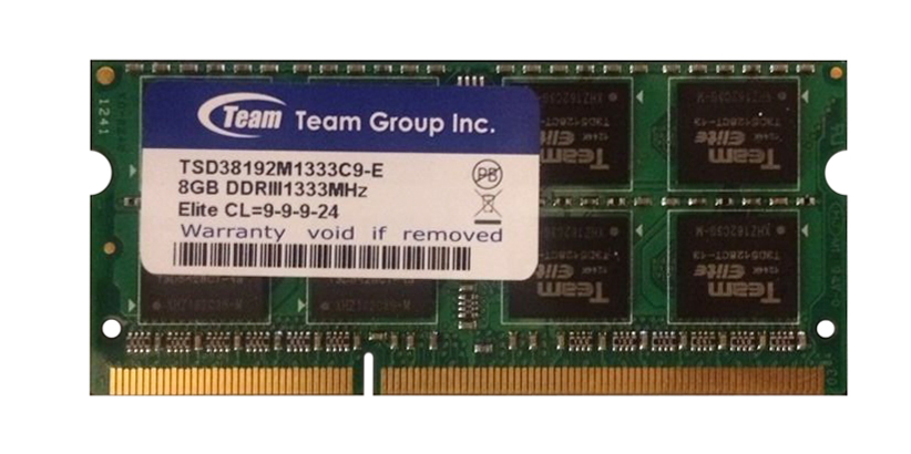 TSD38192M1333C9-E Team Group 8GB PC3-10600 DDR3-1333MHz non-ECC Unbuffered CL9 204-Pin SoDimm Dual Rank Memory Module