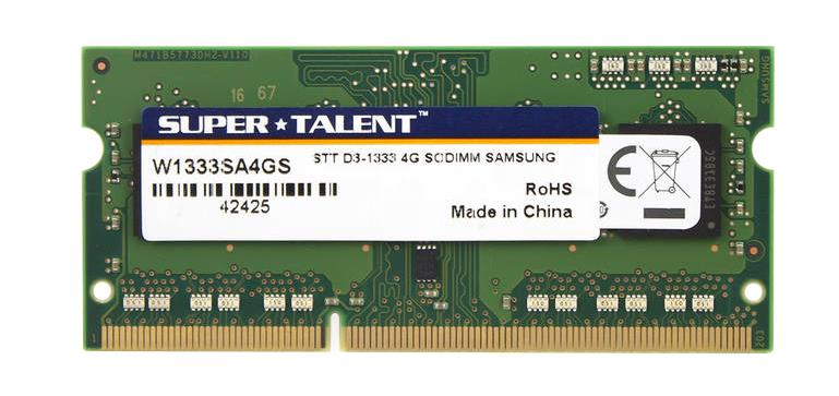 W1333SA4GS Super Talent 4GB PC3-10600 DDR3-1333MHz non-ECC Unbuffered CL9 204-Pin SoDimm Single Rank Memory Module