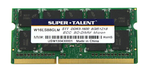 W16ESB8GLM Super Talent 8GB PC3-12800 DDR3-1600MHz ECC Unbuffered CL11 204-Pin SoDimm 1.35V Low Voltage Memory Module