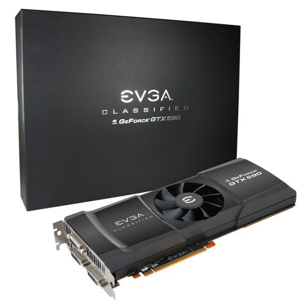 03G-P3-1598-BE EVGA GTX 590 Classified Limited Edition 3GB GDDR5 768-Bit PCI Express 2.0 x16 3x DVI/ DisplayPort/ HDCP Ready/ QUAD SLI Ready/ PhysX Video Graphics Card