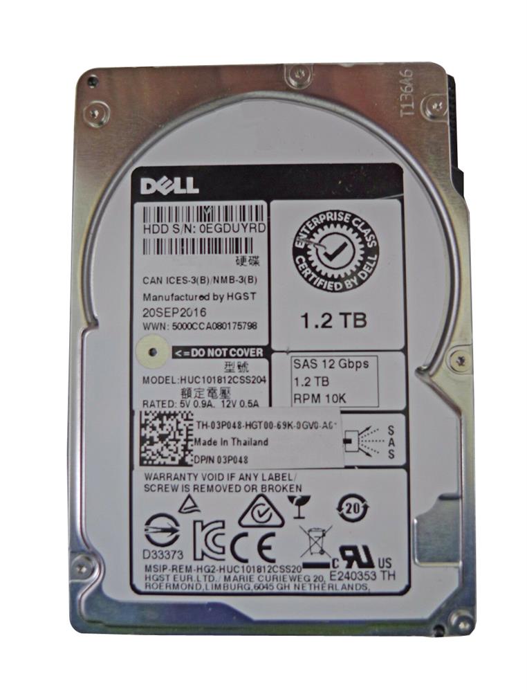 03P048 Dell 1.2TB 10000RPM SAS 12Gbps Hot-Plug 2.5-inch Internal Hard Drive