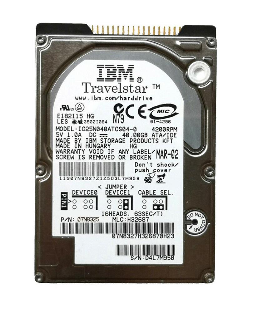 07N8325 IBM Travelstar 40GN 20GB 4200RPM ATA-100 2MB Cache 2.5-inch Internal Hard Drive