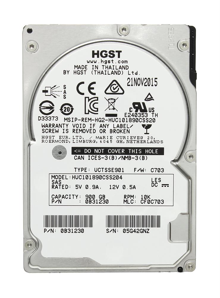 0B31230 HGST Hitachi Ultrastar C10K1800 900GB 10000RPM SAS 12Gbps 128MB Cache (SE / 512n) 2.5-inch Internal Hard Drive