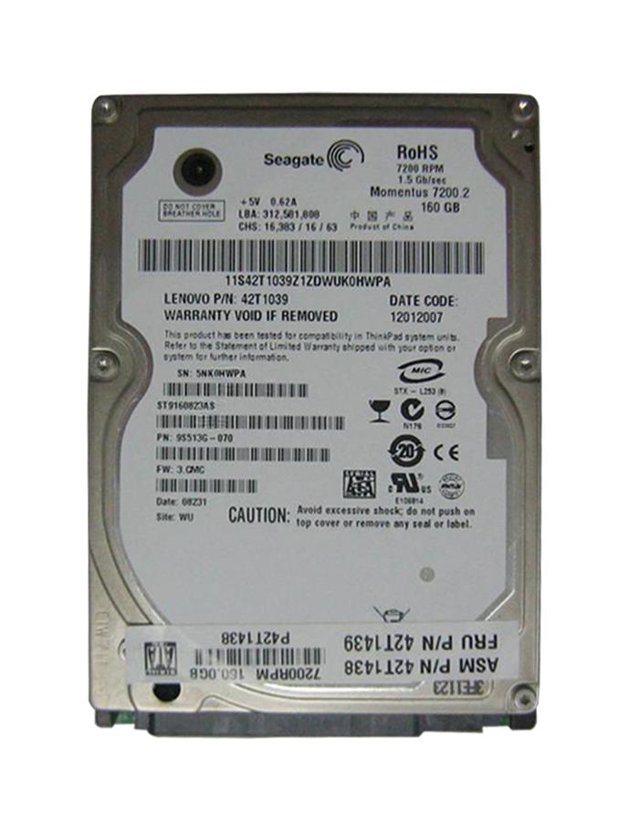 42T1439 Lenovo 160GB 7200RPM SATA 3Gbps 8MB Cache 2.5-inch Internal Hard Drive
