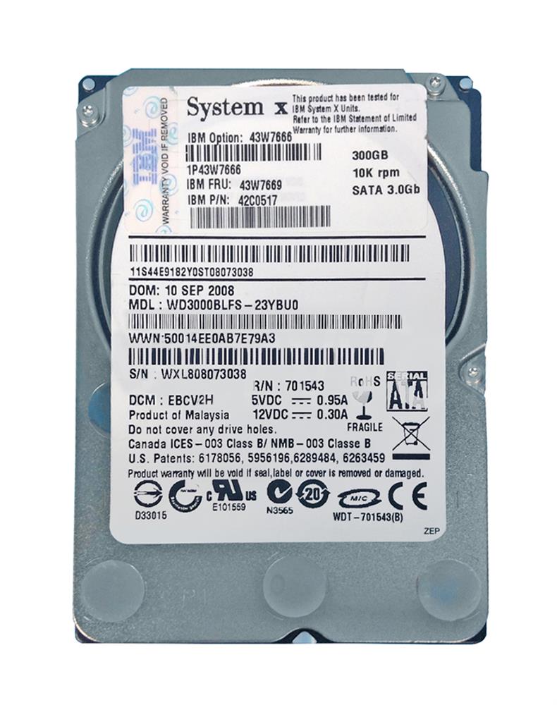 43W7669 IBM 300GB 10000RPM SATA 3Gbps 16MB Cache 2.5-inch Internal Hard Drive for BladeCenter HS21 XM