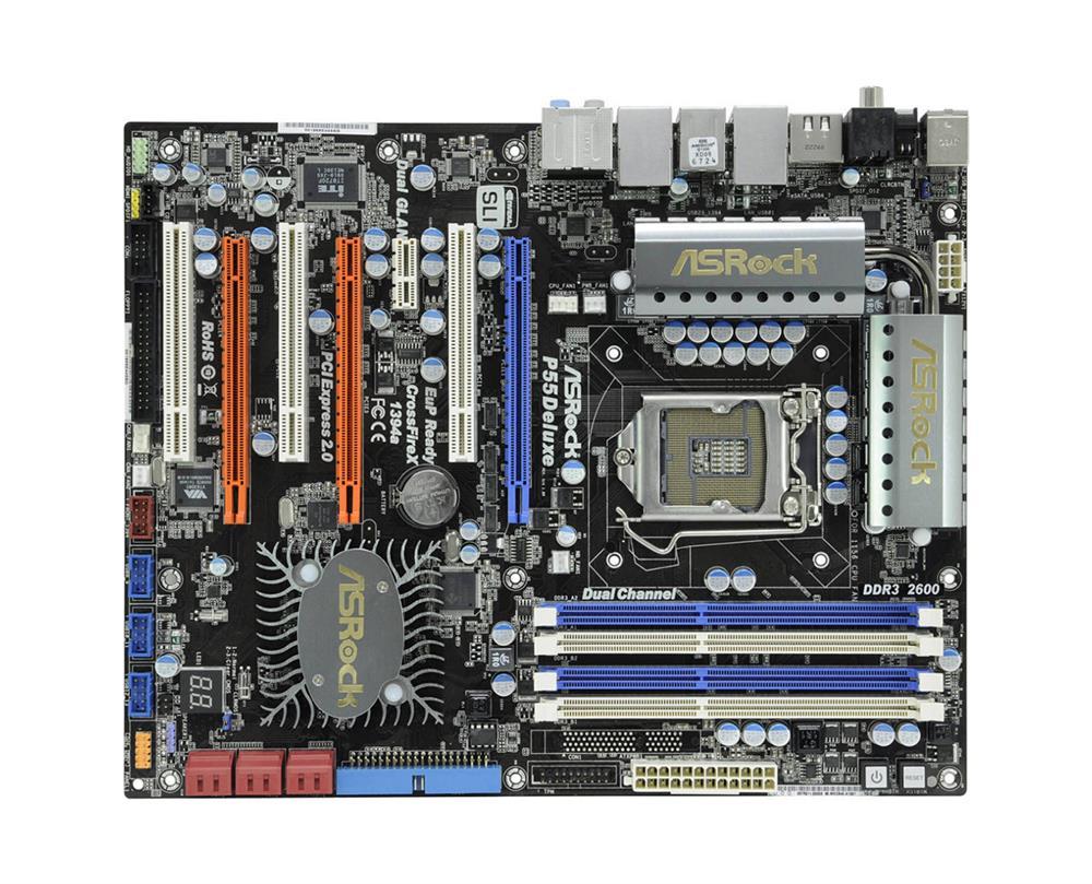 4711140875910 ASRock P55 Deluxe Socket LGA 1156 Intel P55 Chipset Core i7 / i5 / i3 / Pentium G6950 Processors Support DDR3 4x DIMM 6x SATA2 3.0Gb/s ATX Motherboard (Refurbished)
