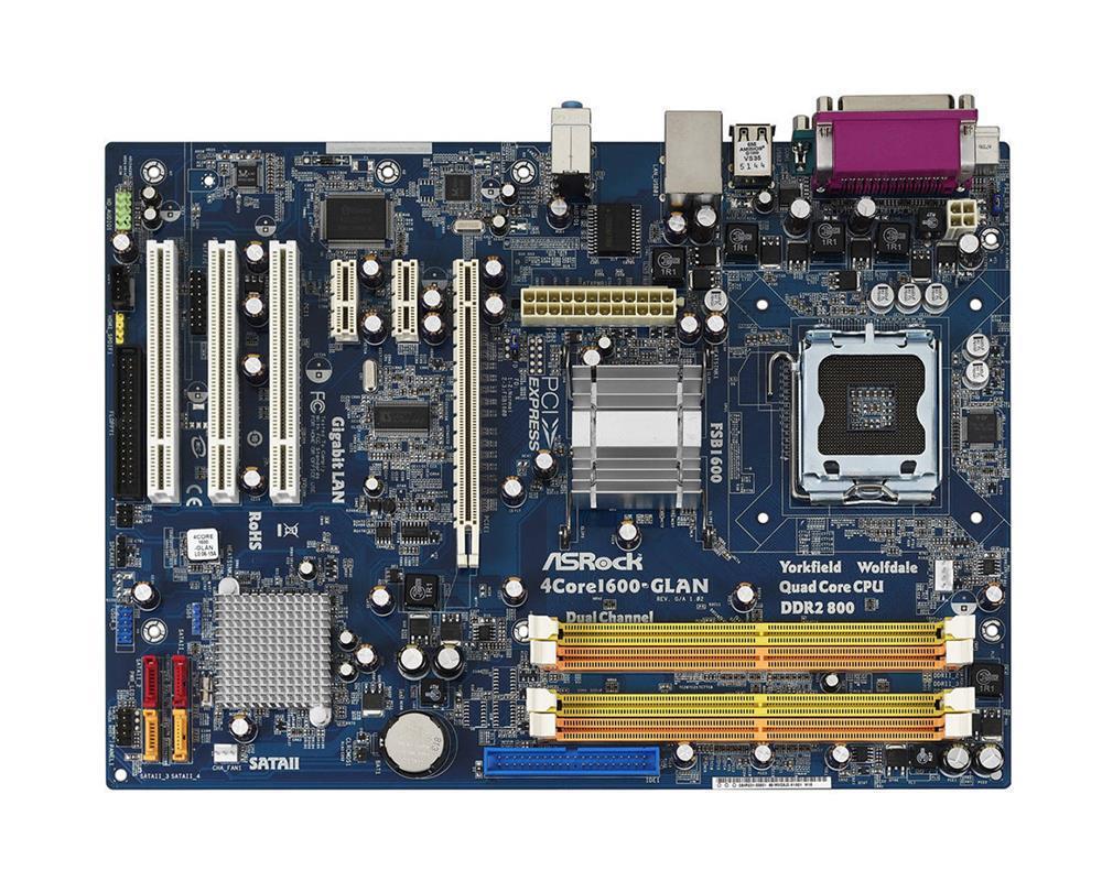 4711140879239 ASRock 4Core1600-GLAN Socket LGA 775 Intel P31 + ICH7 Chispet Core 2 Extreme/ Core 2 Duo/ Core 2 Quad/ Pentium Dual-Core/ Celeron Processors Support DDR2 4x DIMM 4x SATA2 3.0Gb/s ATX Motherboard (Refurbished)
