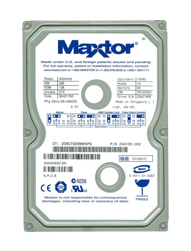 4D040H2 Maxtor DiamondMax D540X 40GB 5400RPM ATA-100 2MB Cache 3.5-inch Internal Hard Drive