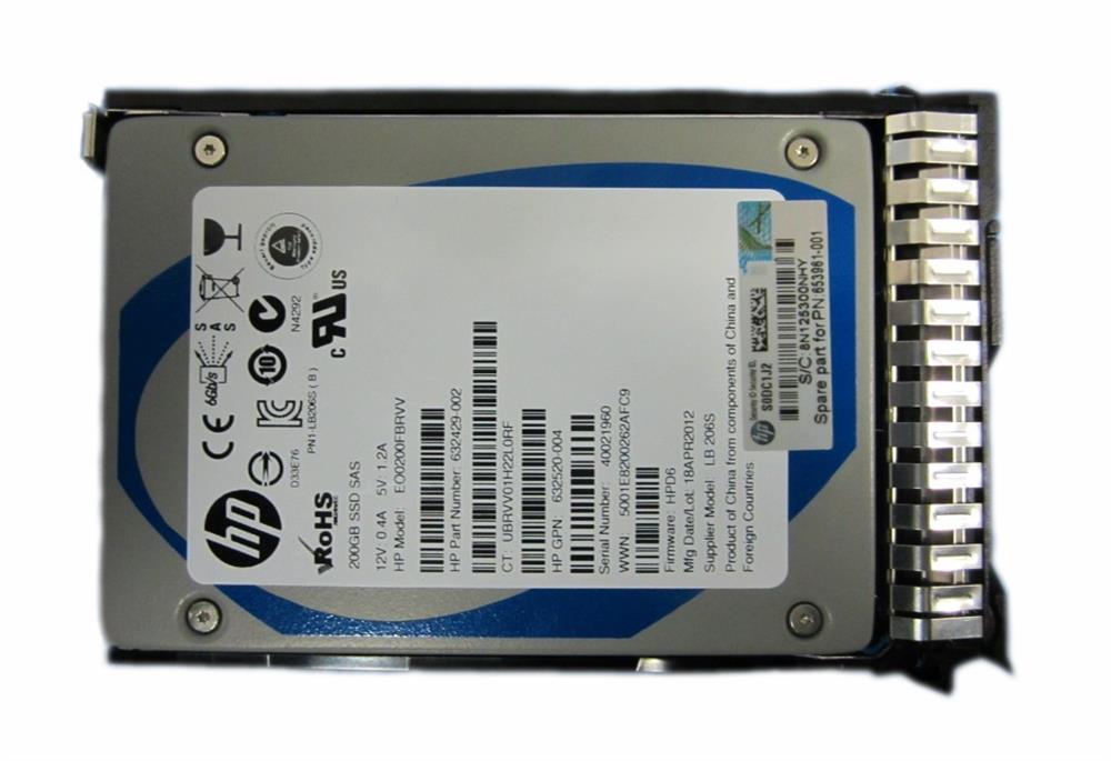 632429-002 HP 200GB SLC SAS 6Gbps Hot Swap 2.5-inch Internal Solid State Drive (SSD) with Smart Carrier