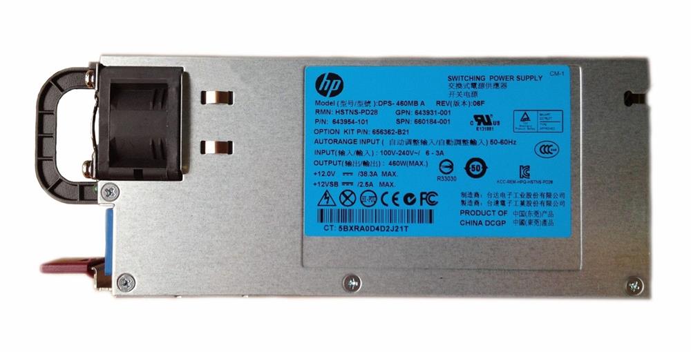 656362-B21-DDC HP 460-Watts Common Slot High Efficiency Platinum Plus Redundant Hot Swap Switching Power Supply for ProLiant DL380P/ DL385 Gen8 Servers
