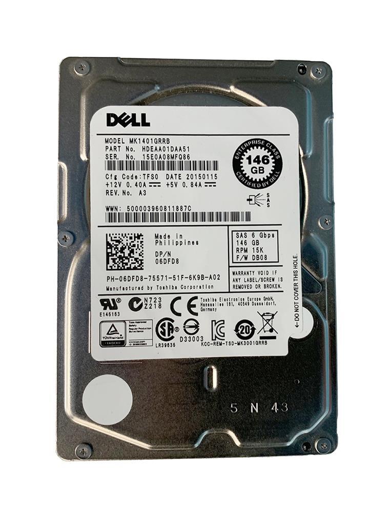 6DFD8 Dell 146GB 15000RPM SAS 6Gbps Hot Swap 2.5-inch Internal Hard Drive
