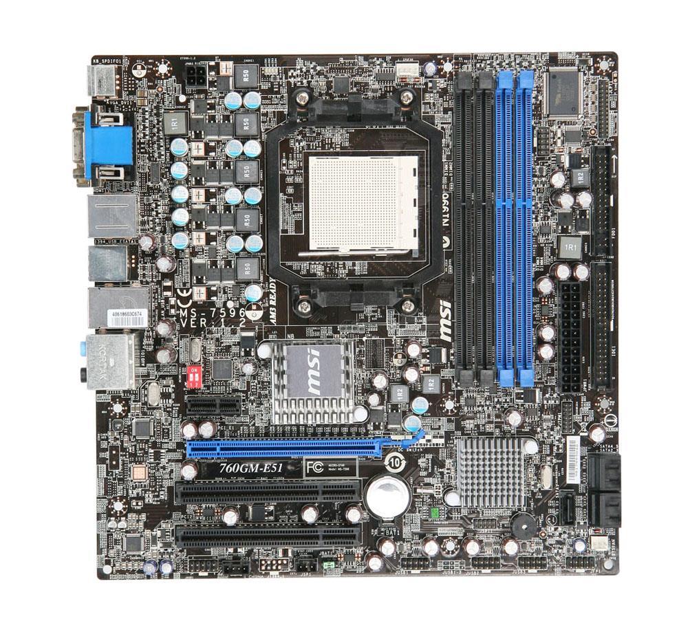 7596-010R MSI Socket AM3 AMD 760G + SB710 Chipset AMD Phenom II X4/ Phenom II X3/ Phenom II X2/ AMD Athlon II X4/ Athlon II X3/ Athlon II X2/ AMD Sempron Processors Support DDR3 4x DIMM 5x SATA2 3.0Gb/s Micro-ATX Motherboard (Refurbished)