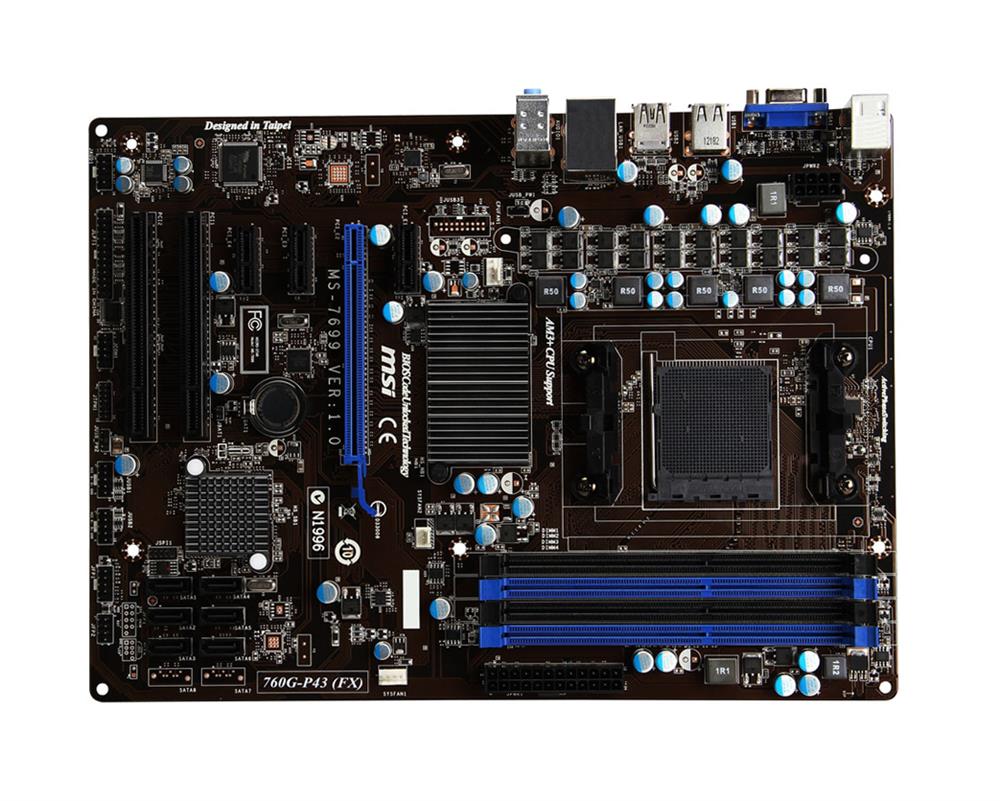 760G-P43-FX MSI Socket AM3+ AMD 760G + SB710 Chipset AMD Phenom II X6/ Phenom II X4/ Phenom II X3/ AMD Athlon II X4/ Athlon II X3/ AMD Sempron Processors Support DDR3 4x DIMM 6x SATA2 6.0Gb/s ATX Motherboard (Refurbished)