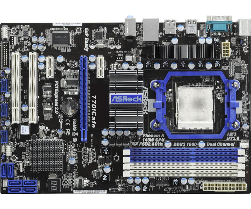 770ICAFE ASRock Socket AM3+ AMD 770 + SB710 Chipset AMD Phenom II X4/ Phenom II X3/ Phenom II X2/ AMD Athlon II X4/ Athlon II X3/ Athlon II X2/ AMD Sempron Processors Support DDR3 4x DIMM 6x SATA2 3.0Gb/s ATX Motherboard (Refurbished)