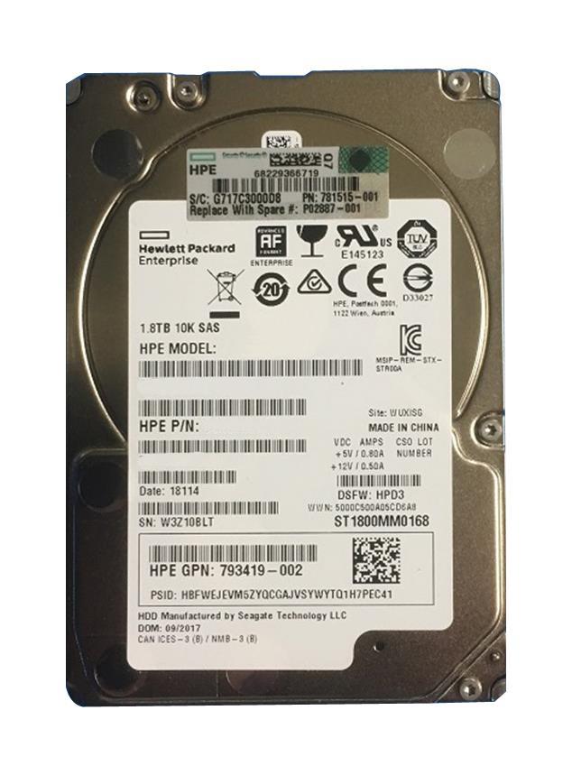 793419-001 HP 1.8TB 10000RPM SAS 12Gbps Hot Swap (512e) 2.5-inch Internal Hard Drive with Smart Carrier
