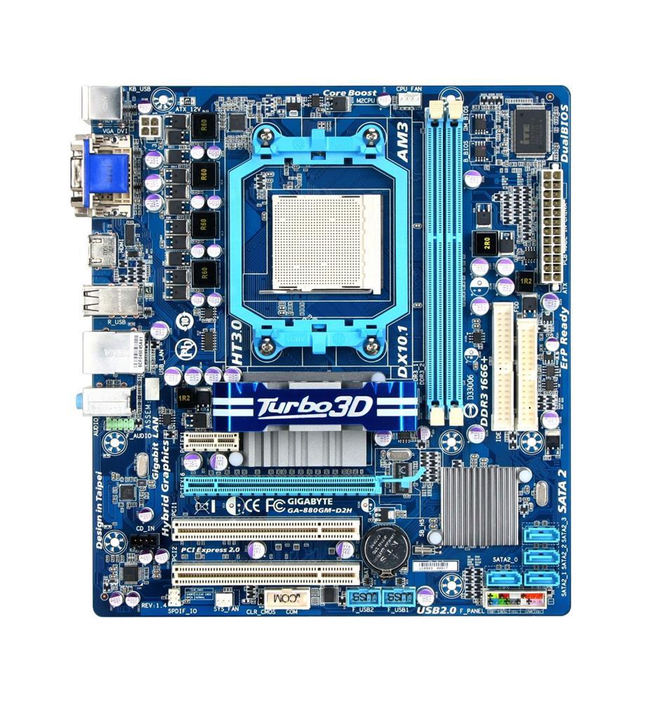 880GM-D2H Gigabyte Socket AM3 AMD 880G/ SB710 Chipset AMD AM3 Phenom II/ Athlon II Processors Support DDR3 2x DIMM 4x SATA 3.0Gb/s Micro-ATX Motherboard (Refurbished)