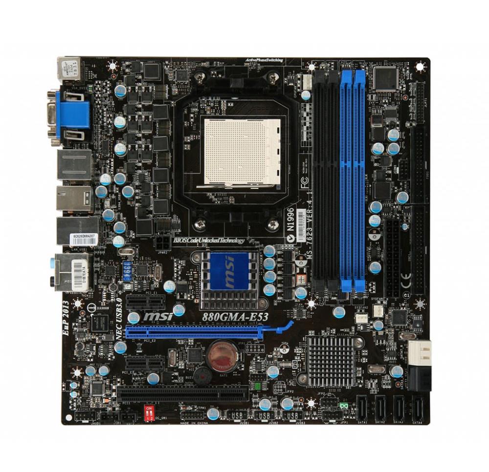 880GMA-E53 MSI Socket AM3 AMD 880G + SB710 Chipset AMD Phenom II X4/ Phenom II X2 Processors Support DDR3 4x DIMM 2x SATA 6.0Gb/s Micro-ATX Motherboard (Refurbished)