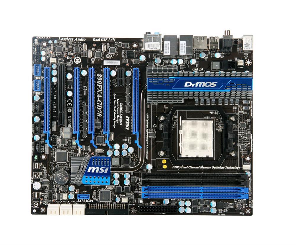 890FXA-GD70-A1 MSI Socket AM3 AMD 880FX + SB850 Chipset AMD Phenom II X6/ Phenom II X4/ Phenom II X3/ Phenom II X2/ AMD Athlon II X4/ Athlon II X3/ Athlon II X2/ AMD Sempron Processors Support DDR3 4x DIMM 6x SATA 3.0Gb/s ATX Motherboard (Refurbished)