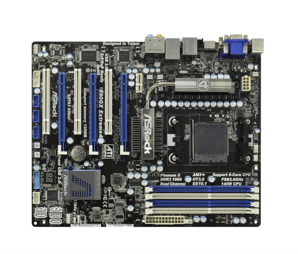 890GX-EXTREME4-BO-R ASRock Socket AM3 AMD 890GX + SB850 Chipset AMD Phenom II X6/ II X4/ II X3/ II X2/ AMD Athlon II X4/ II X3/ II X2 Processors Support DDR3 4x DIMM 5x SATA3 6.0Gb/s ATX Motherboard (Refurbished)