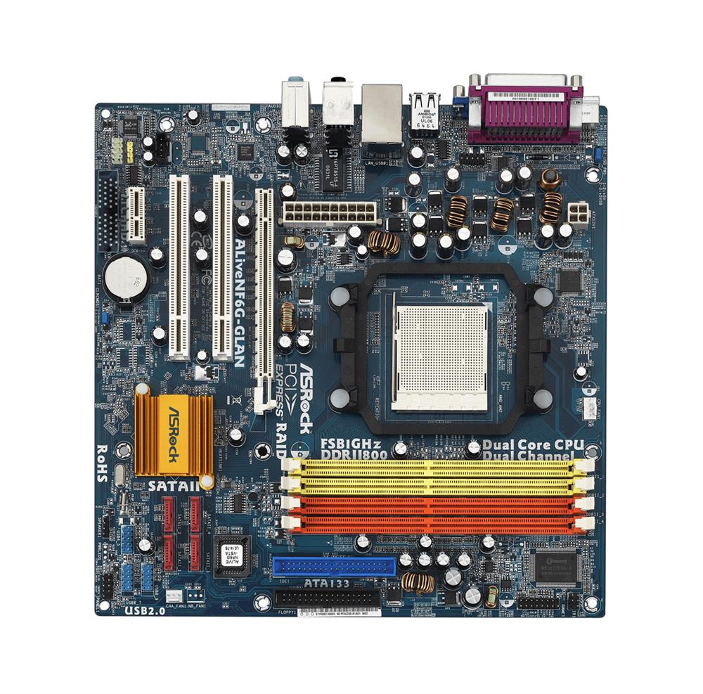 90-MXG7E0-A0UAYZ ASRock ALiveNF6G-GLAN Socket AM2+/AM2 Nvidia GeForce 6150SE + nForce 430 Chipset AMD Phenom FX/ Athlon 64/ 64 X2 Dual-Core/ Athlon X2 Dual-Core/ Athlon 64 Processors Support DDR2 4x DIMM 4x SATA2 3.0Gb/s Micro-ATX Motherboard (Refurbished)
