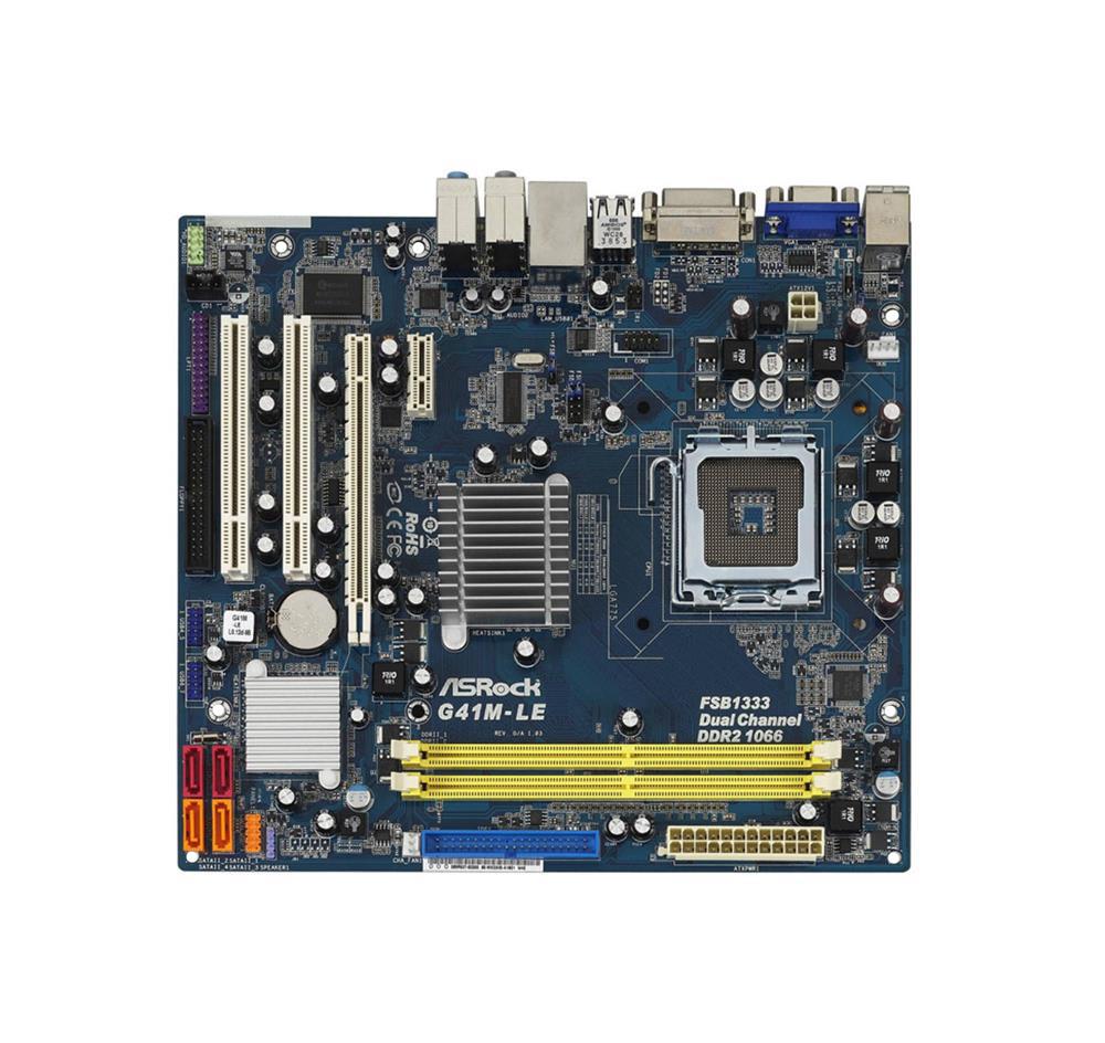 90-MXG9V0-A0UAYZ ASRock G41M-LE Socket LGA 775 Intel G41 + ICH7 Chipset Core 2 Extreme/ Core 2 Duo/ Core 2 Quad/ Pentium Dual-Core/ Celeron Dual-Core/ Celeron Processors Support DDR2 2x DIMM 4x SATA2 3.0Gb/s Micro-ATX Motherboard (Refurbished)