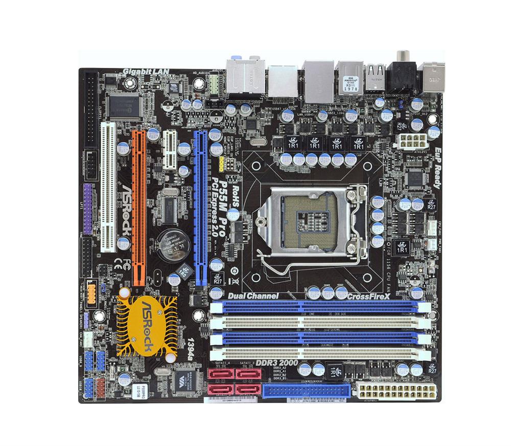 90-MXGBU0-A0UUAYZ ASRock P55M Pro Socket LGA 1156 Intel P55 Chipset Core i7 / i5 / i3 / Pentium G6950 Processors Support DDR3 4x DIMM 4x SATA2 3.0Gb/s Micro-ATX Motherboard (Refurbished)