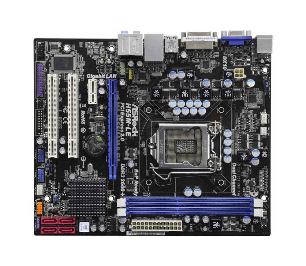 90-MXGE30-A0UAYZ ASRock H55M-LE Socket LGA 1156 Intel H55 Chipset Core i7 / i5 / i3 / Pentium G6950 Processors Support DDR3 2x DIMM 4x SATA2 3.0Gb/s Micro-ATX Motherboard (Refurbished)
