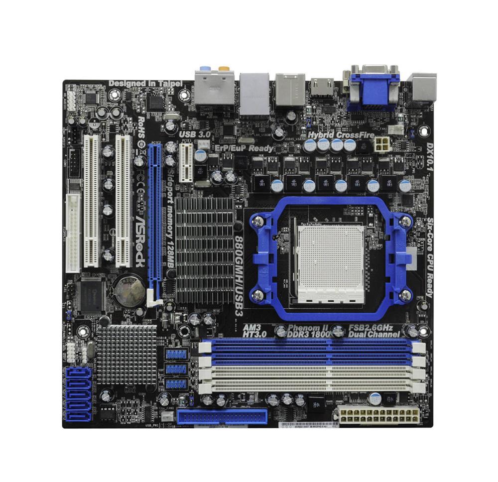 90-MXGFH0-A0UAYZ ASRock 880GMH/USB3 Socket AM3 AMD 880G + SB710 Chipset AMD Phenom II X6/ Phenom II X4/ Phenom II X3/ Phenom II X2/ AMD Athlon II X4/ Athlon II X3/ Athlon II X2/ AMD Sempron Processors Support DDR3 4x DIMM 5x SATA2 3.0Gb/s Micro-ATX Motherboard (Refurbished)