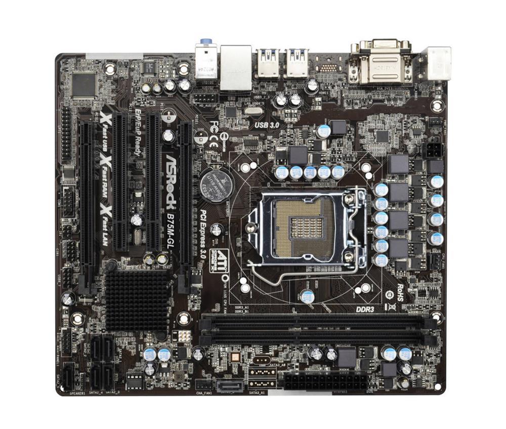 90-MXGMP0-A0UAYZ ASRock B75M-GL Socket LGA 1155 Intel B75 Chipset 3rd & 2nd Generation Core i7 / i5 / i3 / Pentium / Celeron / Xeon Processors Support DDR3 2x DIMM 1x SATA3 6.0Gb/s Micro-ATX Motherboard (Refurbished)