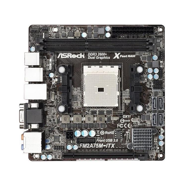90-MXGNR0-A0UAYZ ASRock FM2A75M-ITX Socket FM2 AMD A75 Chipset 100W Processors Support DDR3 2x DIMM 4x SATA3 6.0Gb/s Mini-ITX Motherboard (Refurbished)