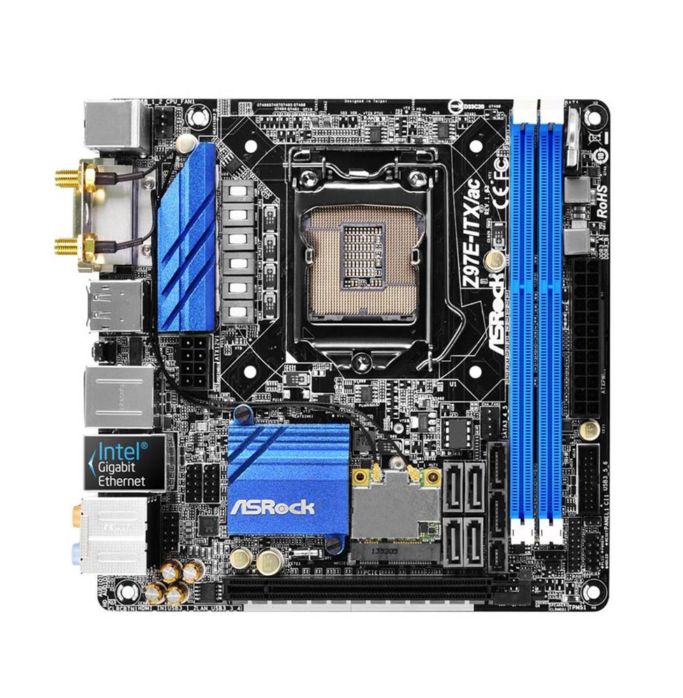 90-MXGTG0-A0UAYZ ASRock Z97E-ITX/AC Socket LGA 1150 Intel Z97 Chipset 5th Generation Core i7 / i5 / i3 / Pentium / Celeron Processors Support DDR3/DDR3L 2x DIMM 6x SATA3 6.0Gb/s Mini-ITX Motherboard (Refurbished)