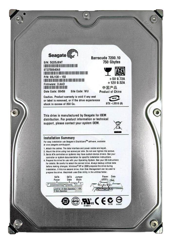 9BJ138-150 Seagate Barracuda 7200.10 750GB 7200RPM SATA 3Gbps 8MB Cache 3.5-inch Internal Hard Drive