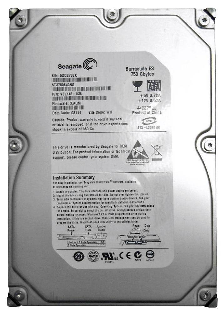9BL148-038 Seagate Barracuda ES 750GB 7200RPM SATA 3Gbps 16MB Cache 3.5-inch Internal Hard Drive